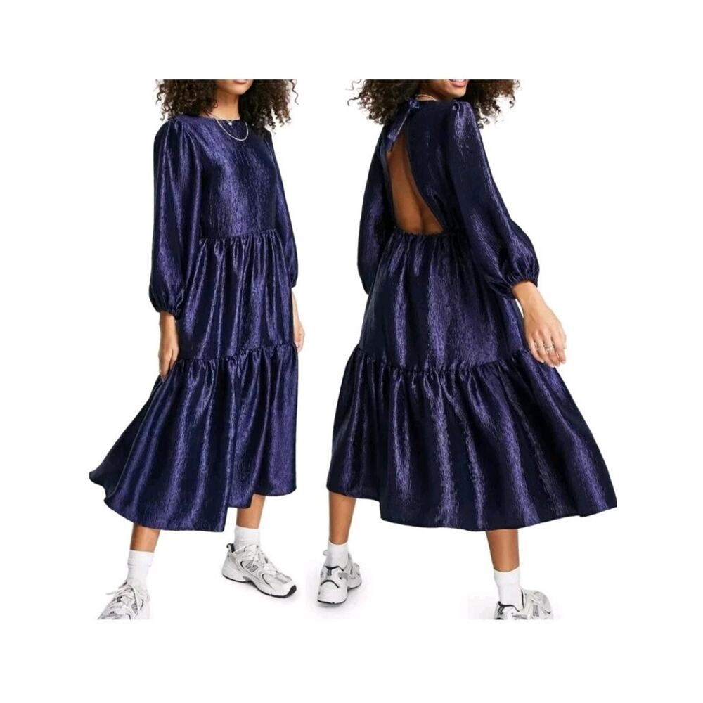 Topshop Womens Textured Metallic Blue Midi Dress Size 4 Fairy Cutout Whimsigoth